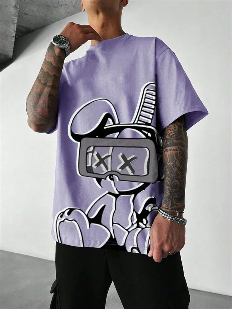 Herren-T-Shirt mit Aufdruck „Lila Cartoon-Hase mit VR-Brille“, lässiges Streetwear-Oberteil mit Rundhalsausschnitt und kurzen Ärmeln