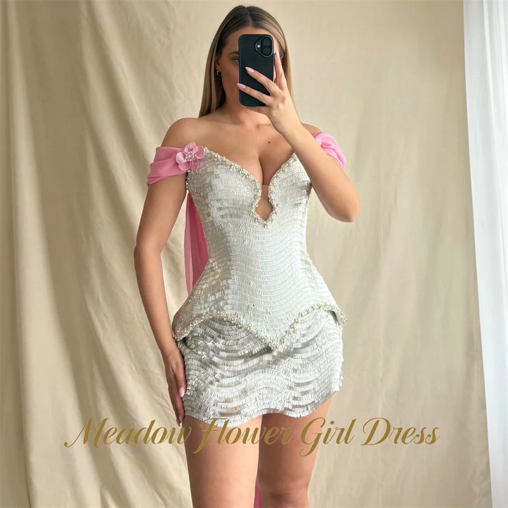 Meadow Pink and Sliver Evening Dresses Off the Shoulder Short Sleeve Party Dresses Sequin Prom Gown robes du soir Customized