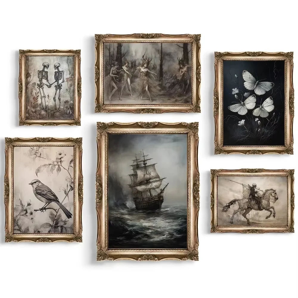 Retro Gothic Skeleton Knight Canvas Print Moody Victorian Flora And Fauna Art Posters Painting Gallery Living Room Home Decor