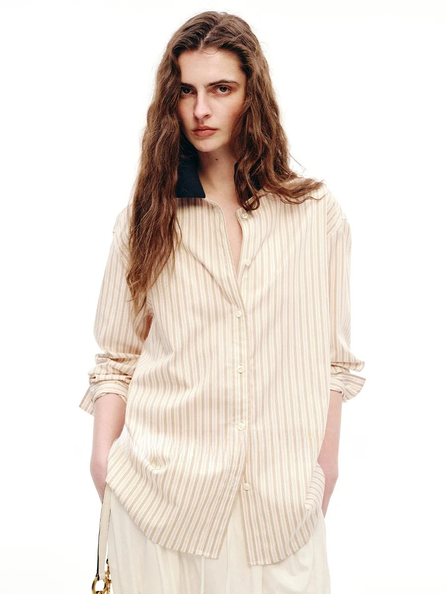 

Женская хлопковая рубашка Yasako Spring Overture с вязаным воротником, повседневная, в полоску, с эффектом двухслойности, с длинным рукавом...