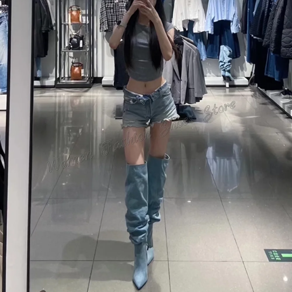 데님 플리츠 슬립온 부츠 니하이 스틸레토 하이힐 여성용 패션 힐 2025 신상 여성화