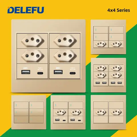DELEFU 4x4 Panel de PC ignífugo enchufe estándar de Brasil doble USB tipo C toma de corriente de pared interruptor de luz Oficina oro 10A 20A