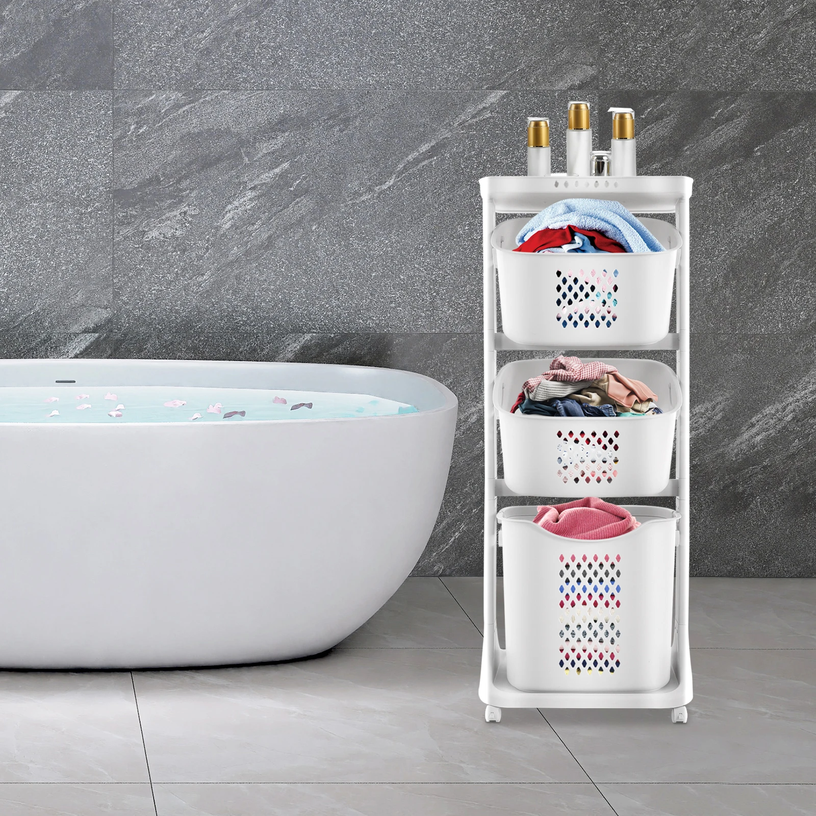 

Bymaocar Three-layer Large Structure Laundry Basket Dirty Clothes Storage Basket With 4 Wheels For Kitchens, Bathrooms, Bedrooms