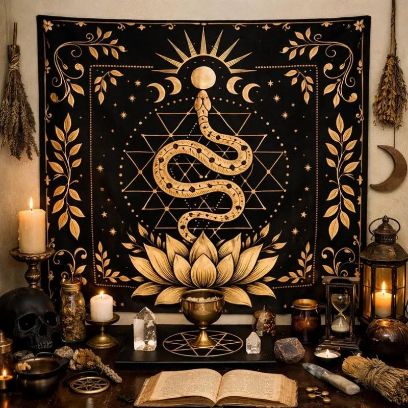 VIKAMA Black Golden Snake Lotus Tarot Card Manhole Cloth, Witchcraft Divination Tablecloth, Sun And Moon Ceremony Decoration