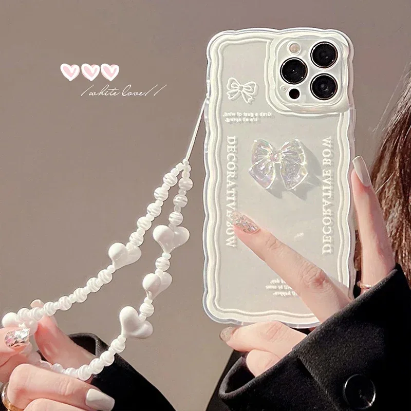 For iphone 11 12 13 Mini 14 Pro Max Xr X Xs Max 7 8 Phone Case Sweet Fashion 3D Ice Through Bow Tie White Love Lanyard Shell