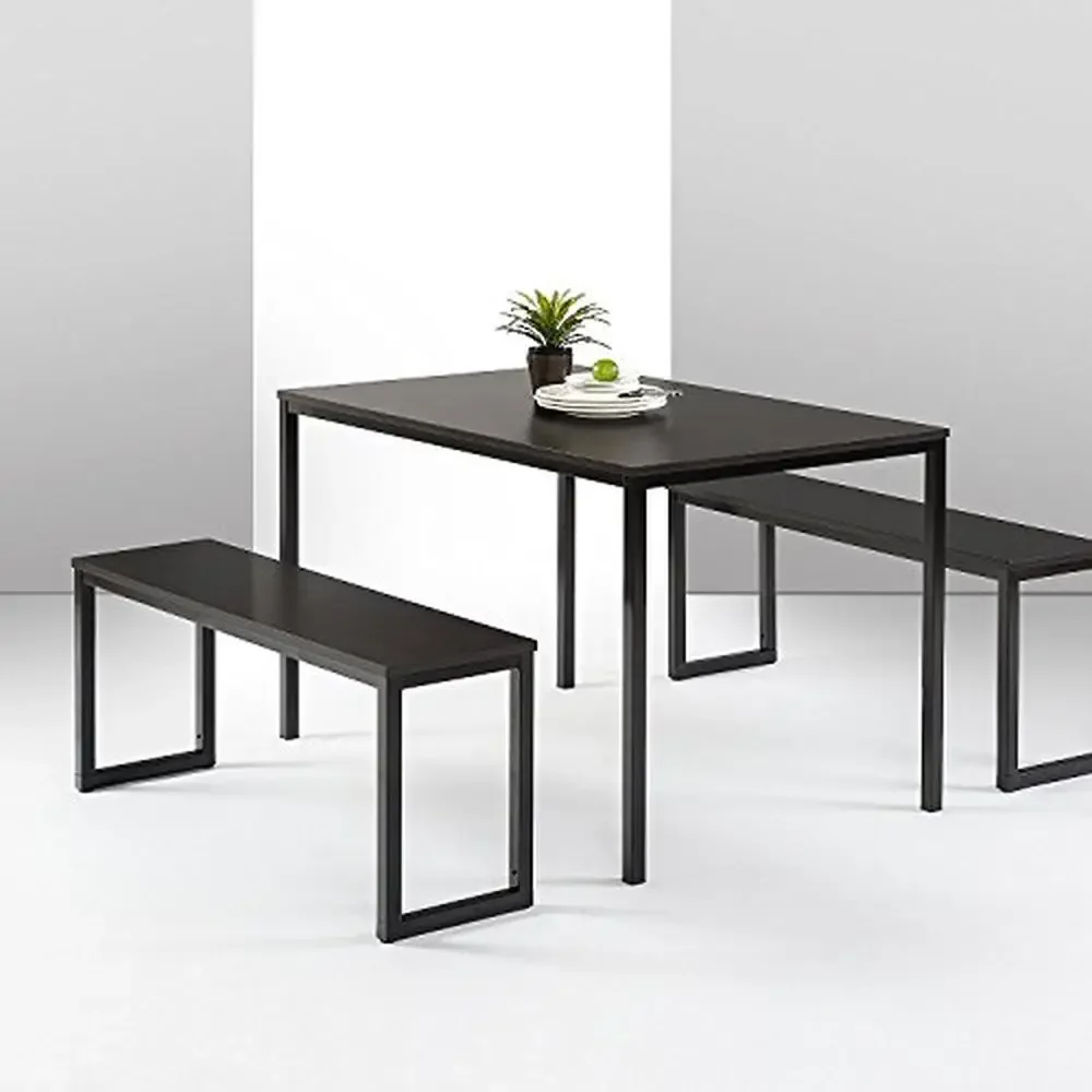 

Modern Espresso Dining Table Set with 2 Benches Sturdy Steel Frame 3 Piece Set