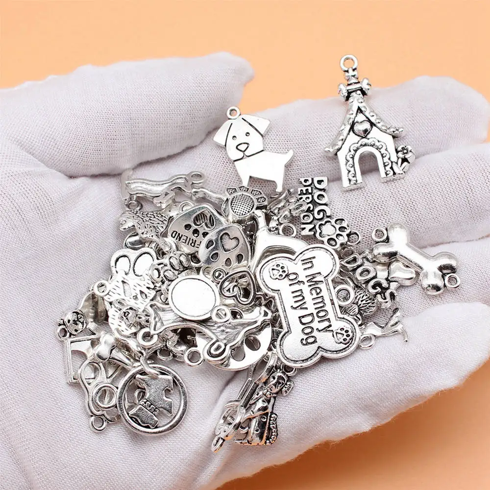 Jewelry Antique Silver Color Dog Bone Paw Charms Collection  Vintage Findings 46pcs