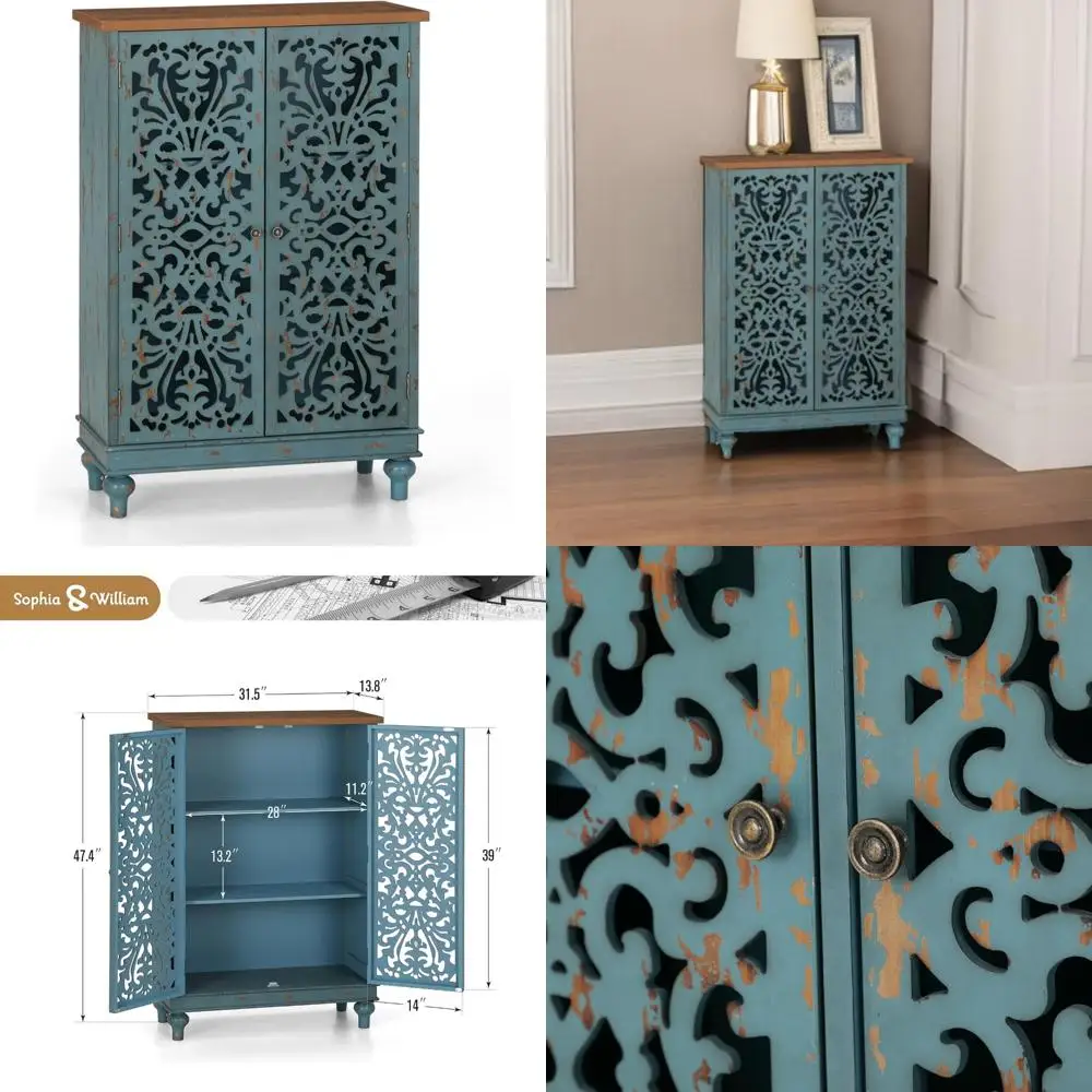 Niebieska wysoka szafka z 2 drzwiami do salonu i jadalni, dekoracyjne meble akcentujące.