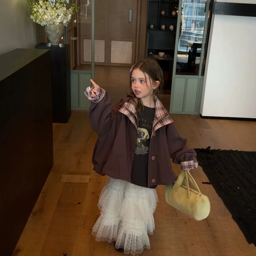 Girls Cargo Jacket 2026 Autumn New, Korean Loose Plaid Spliced Fake Two-Piece Casual Outer Coat For Kids Girls