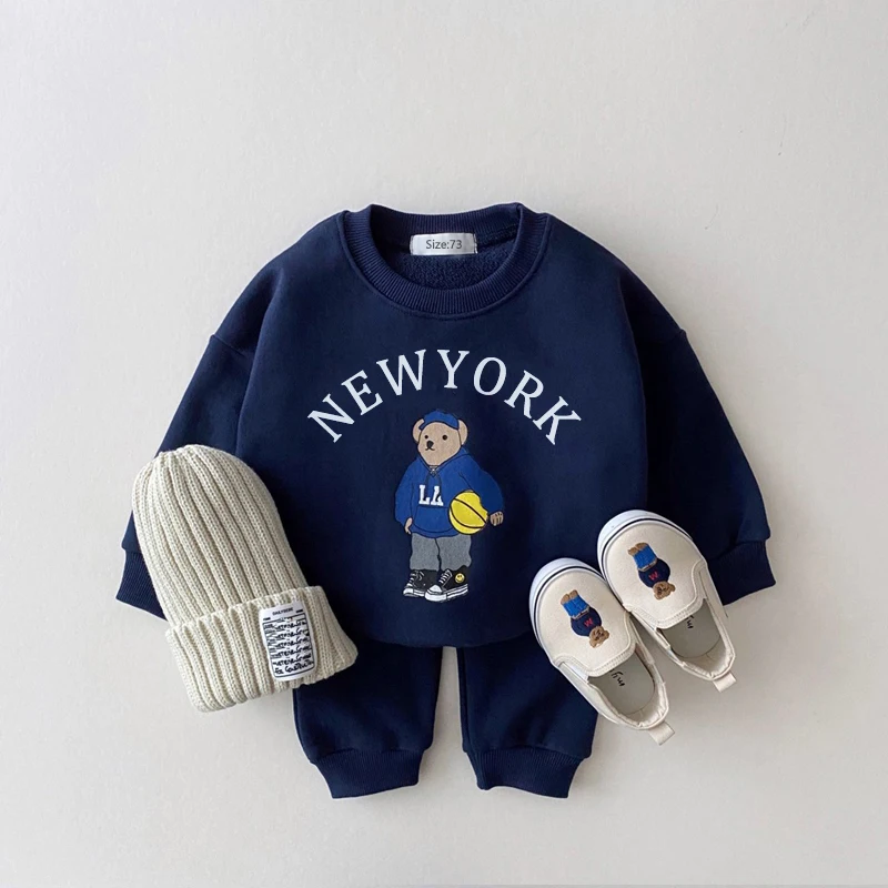 Korea 2024 Baby Boys Clothes Sets Kids Letter Bear Printed Long Sleeve Sweatshirt + Jogger Pants Set Baby Girls Sports Suit New