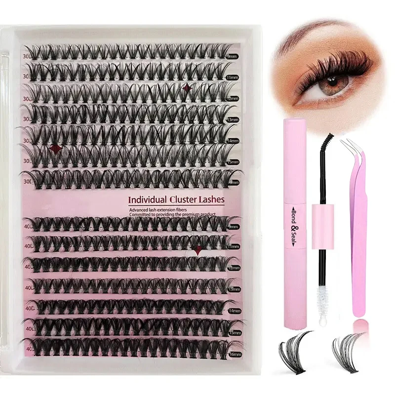 ピンセットとリムーバー付きまつげクラスター,まつげエクステキット,柔らかく快適,黒,ギフトボックスセット,30d,40d