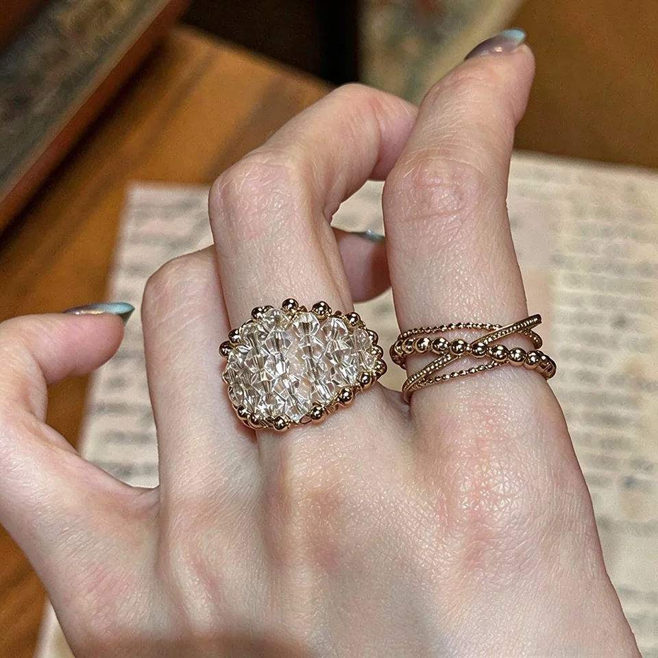 2PCS Retro Ornate Coffee-Gold Color Stackable Rings Set Antique Aesthetic Rhinestone Ring  Design Women Party Jewelry