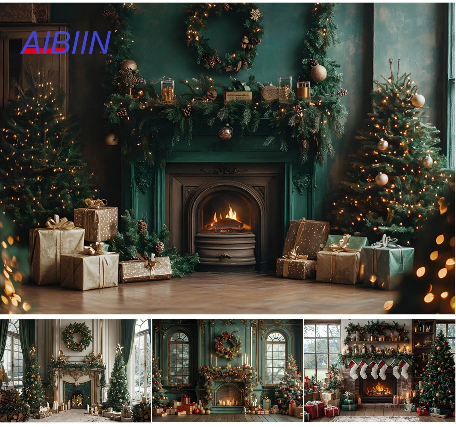 

Christmas Indoor Photography Backdrops Fireplace Santa Gift Box Xmas Tree Party Decor Kids Family Portrait Photo Background