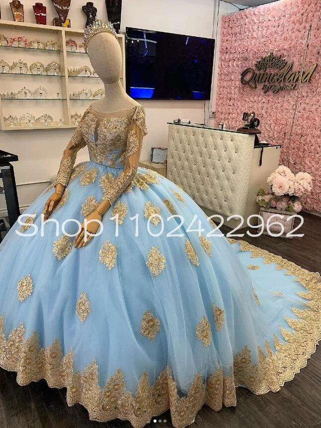 Customsized Champagne Flower Girls Dresses Illusion Long Sleeve Gillter Mini Quinceanera Dresses Lace Applique Princess Gown