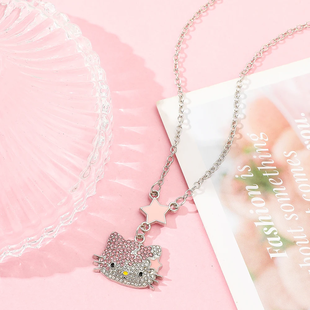 Kawaii Hello Kitty Necklace Sanrio Pink Stars Diamond KT Cat Cartoon Cute Anime Pendant Necklace Fashion Jewelry Girl Gifts