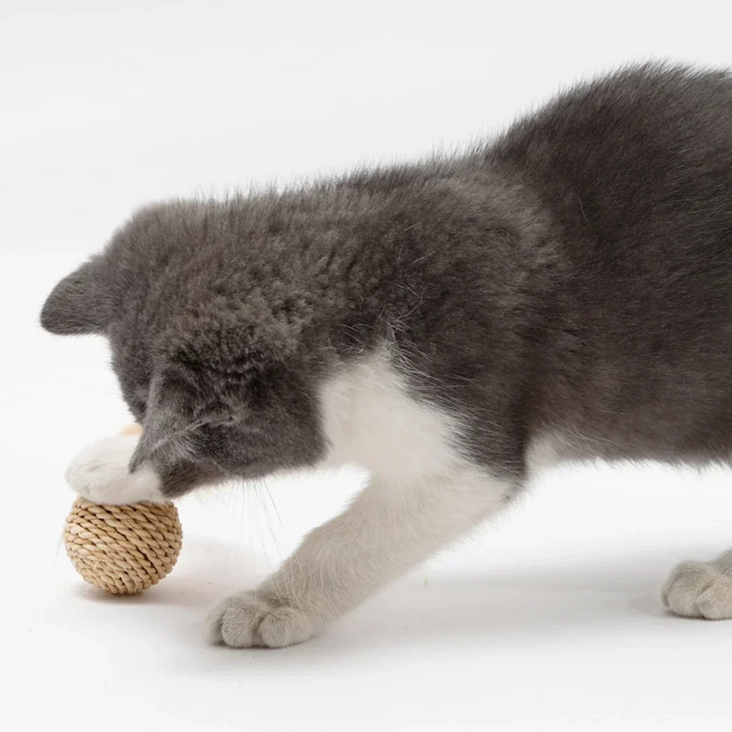 Pelota de ratán para gato, juguete divertido de plumas de imitación, campana, pelota interactiva, suministros para mascotas, 2 uds.