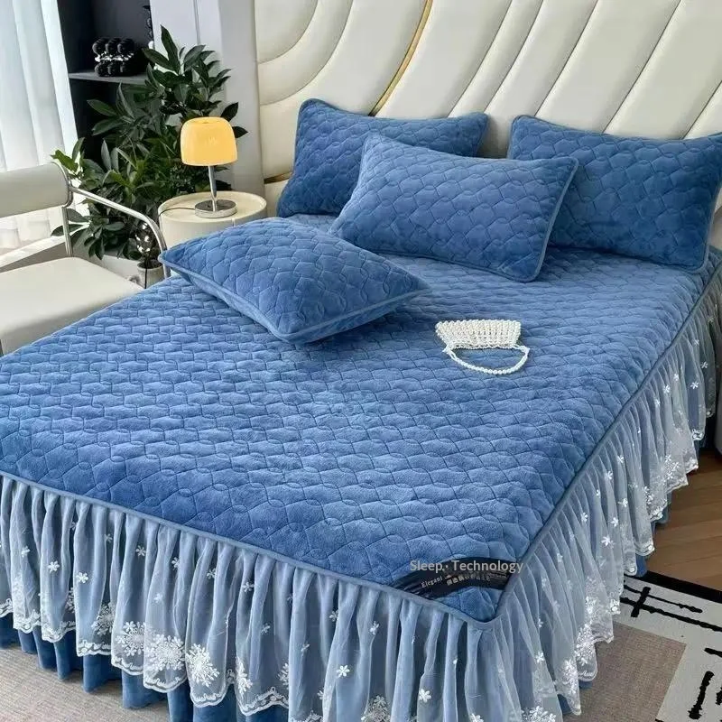 3Pcs Bed Sheet Lace Skirt Elastic Fitted Double Bedspread with Pillowcases Mattress Cover Bedding Set Elastic King Size Bedsheet