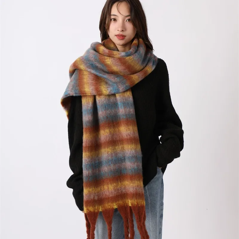 

New Rainbow Stripes Loop Yarn Scarf Women Winter Thick Plush Warm Windproof Shawl Soft Fuzzy Hijab Hair Wrap Unisex Neck Warmer