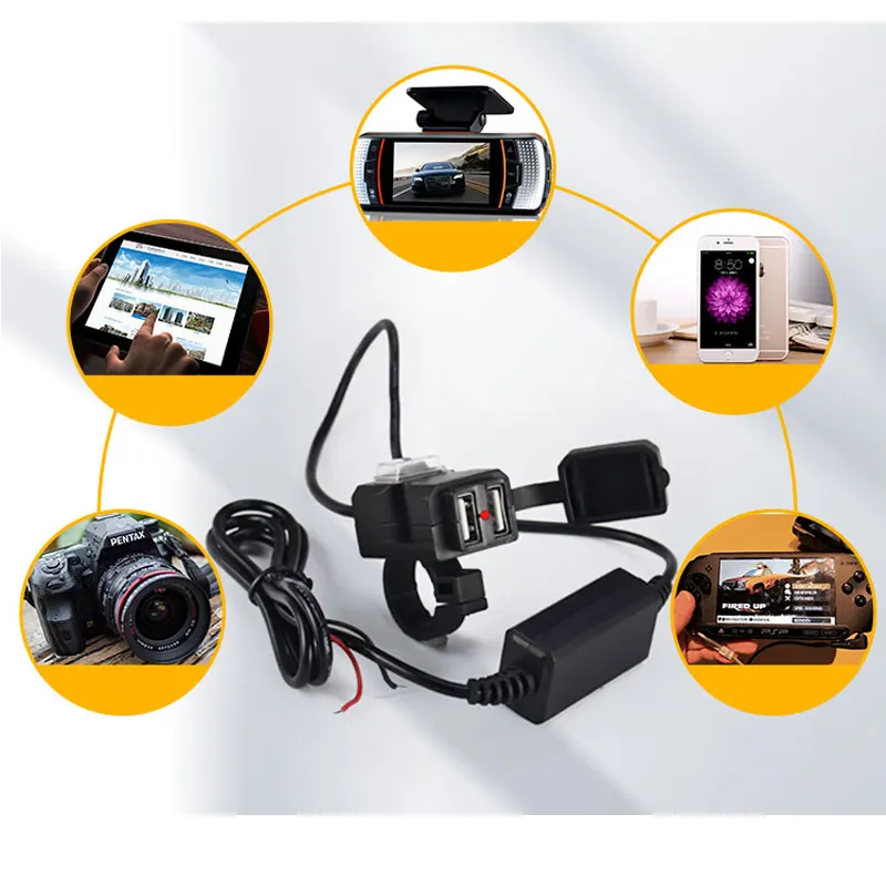 Dual USB Port Motorcycle Phone Charger With Switch Handlebar Rearview Mirror Mounted 5V 1A/2.1A Power Adapter Waterproof