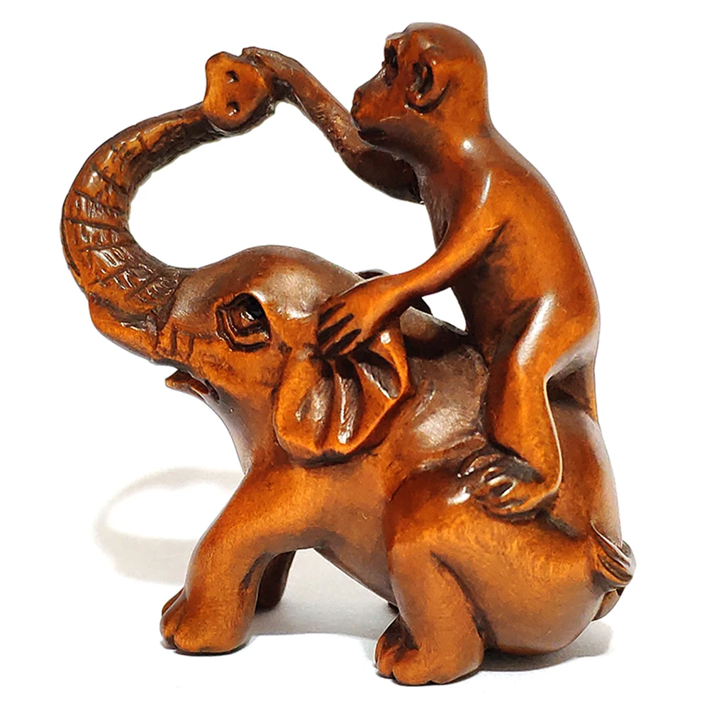 

Y6474 - 2 " Hand Carved Japanese Boxwood Netsuke Carving Figurine - Monkey Taxi Elephant