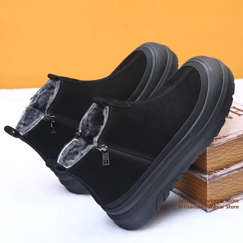 Men Black Suede Snow Boots Side Zipper Slip-On Ankle Boots Plush Fleece Lined Thick Sole Warm Boots Trendy Winter Men's Boots