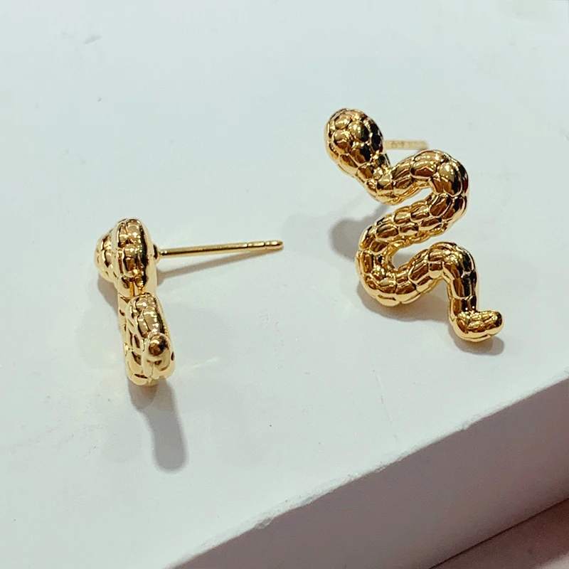 Aazuo Ins Fashion Cool 18K Solid Yellow Gold None Stone Fine Jewelry Animal Snake Stud Earring Gifted For Women Engagement Party