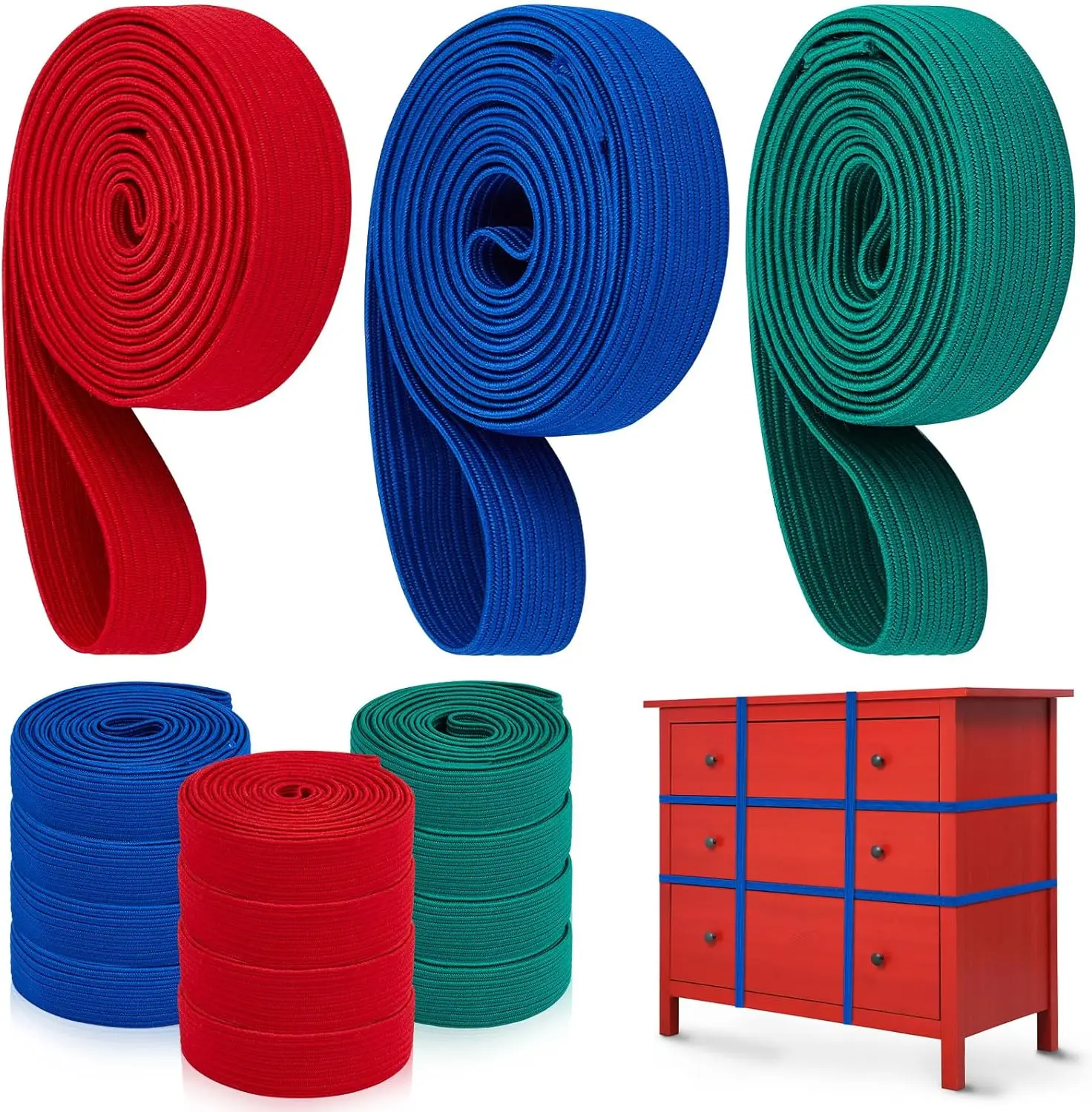 

12 Pcs Large Rubber Straps 42" 36" 30" for Moving Furniture, Packing Pallets, Securing Tarps - Red Blue Green