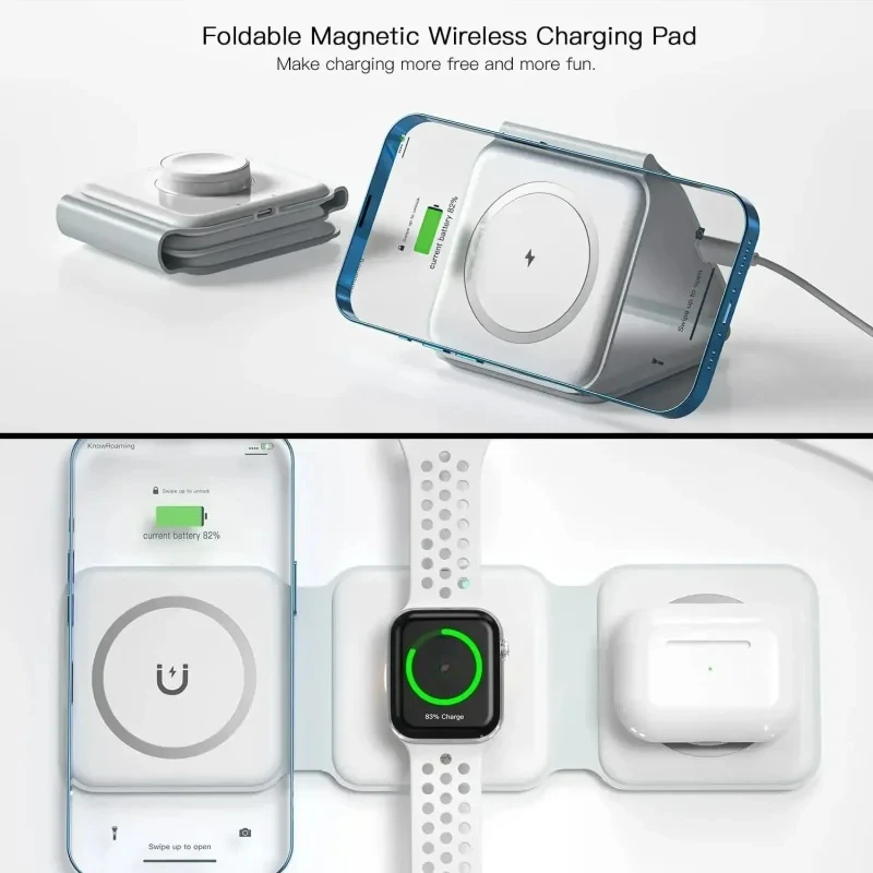 3 in1 Magnetic Foldable Wireless Charger Fast Charging Station Multi-Device Charging Dock for Smart Phones Earbuds Watch Charger