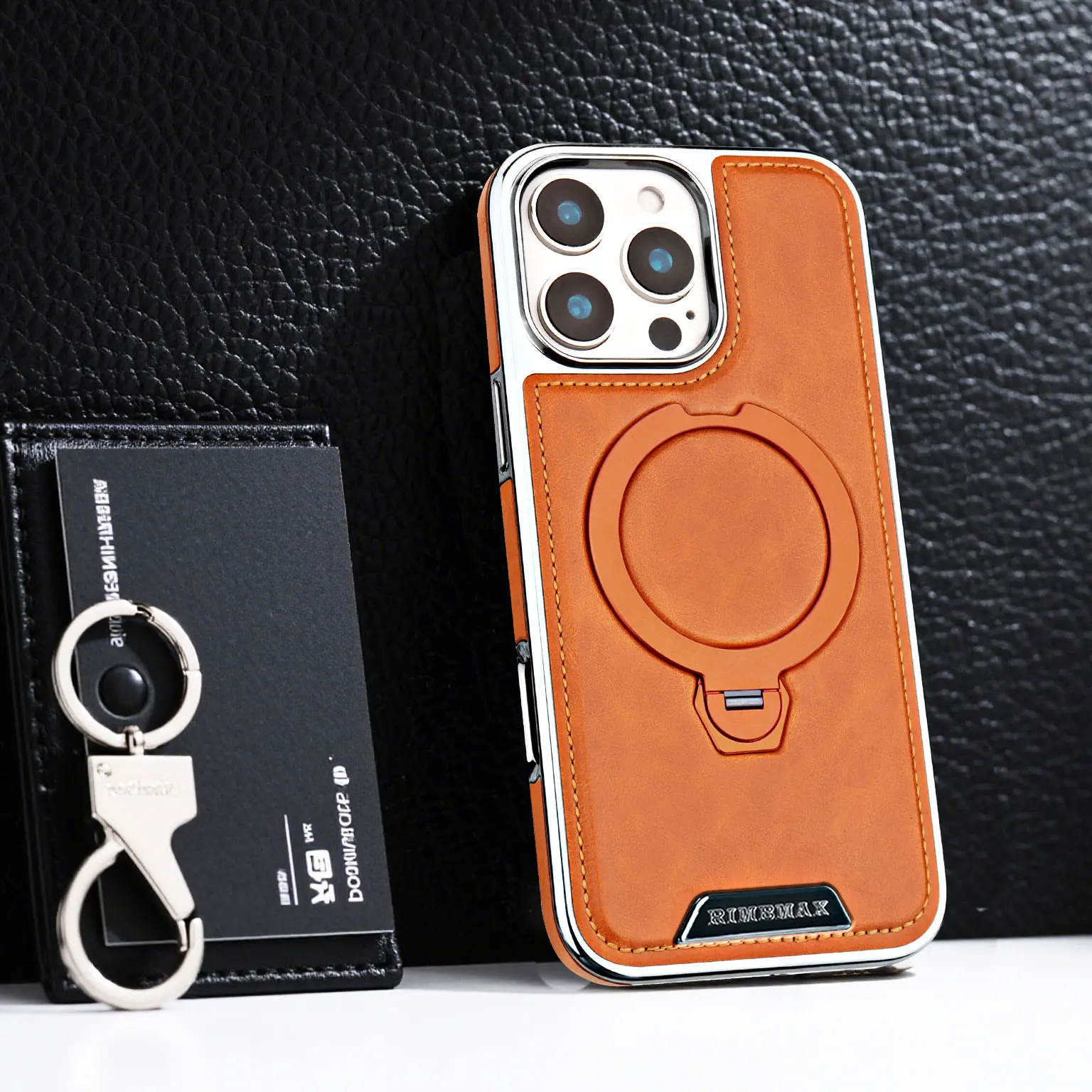 

360 Rotating Bracket Luxury Magnetic Stand Ring Leather Case For iPhone 16 Pro Max 15 14 13 12 Magsafe Wireless Charging Cover