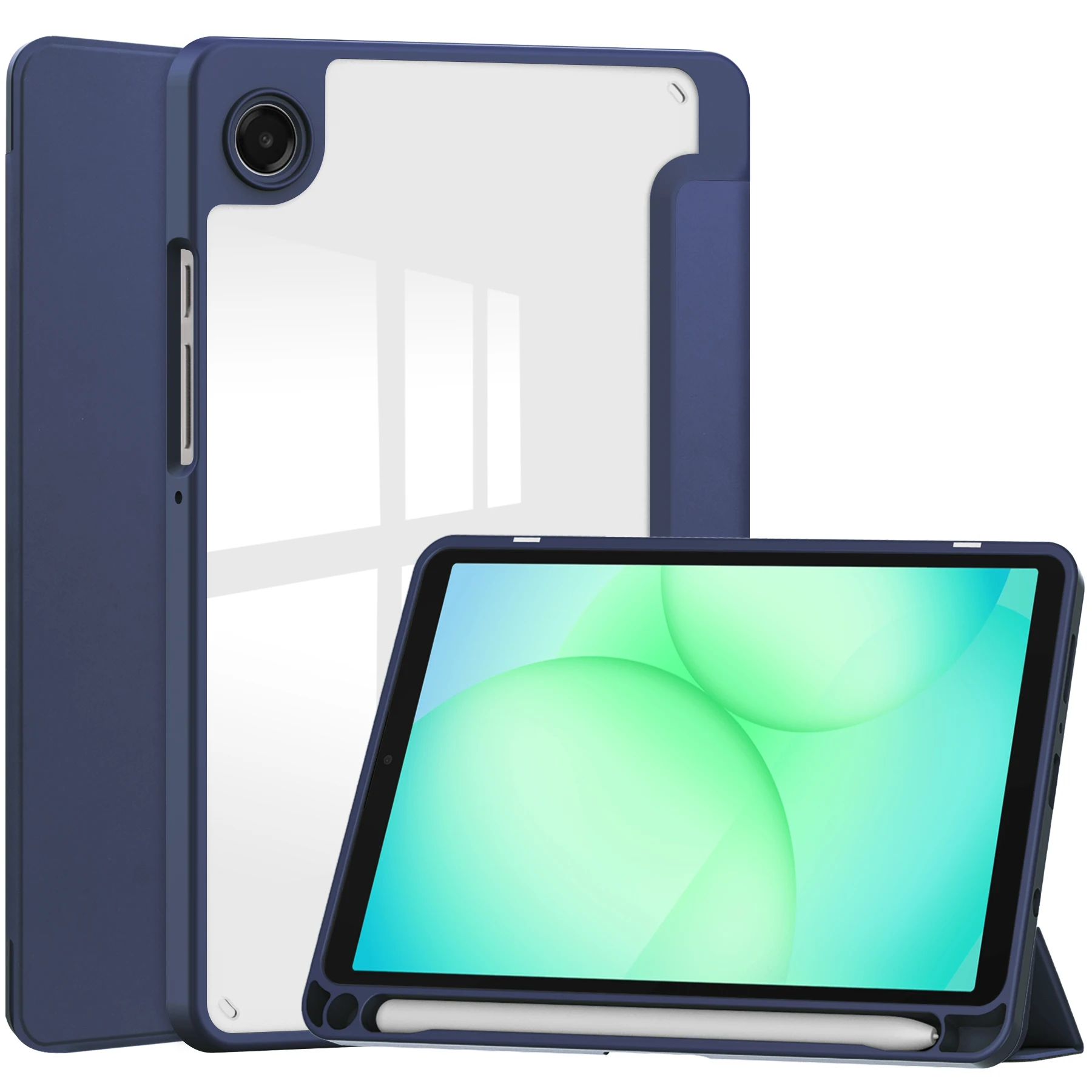 

For Samsung Galaxy Tab A11 Case Auto Sleep / Wake Clear Acrylic TPU Leather Tablet Cover with Pen Slot - Dark Blue