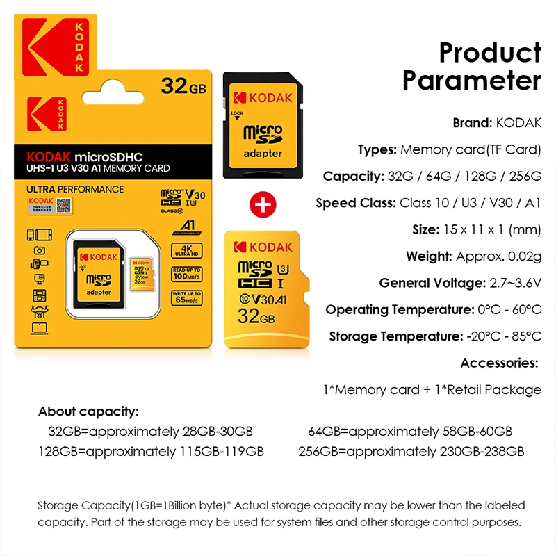 정품 코닥 메모리 카드, 마이크로 SD 카드, 128GB, 256GB, U3, 4K, 64GB, 32GB, A1 SDHC Microsd UHS-I, C10, TF Trans Flash Microsd