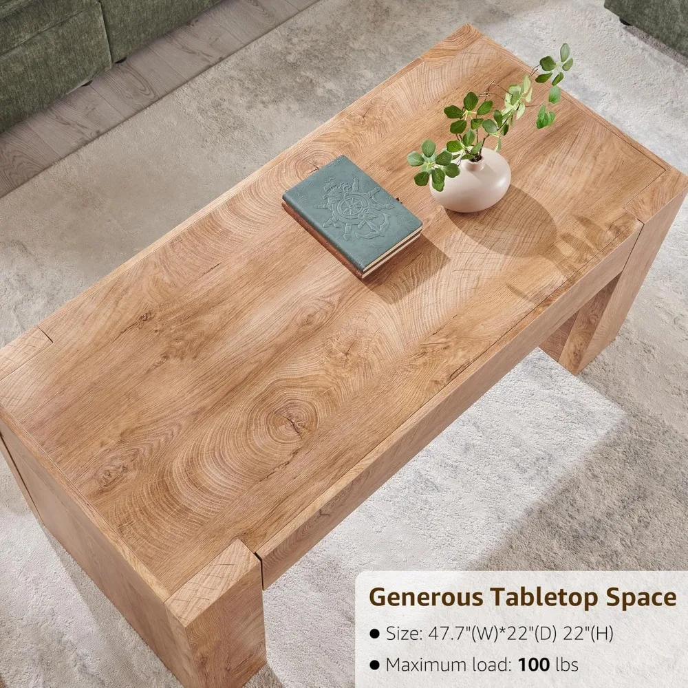 48" Modern Farmhouse Coffee Table, Wooden Living Room Table with Hidden Storage Drawer, Rustic Rectangular Center Tables w/W