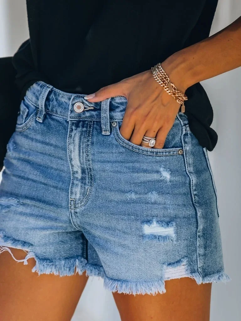 

Casual Denim Shorts Women's High Waist Straight Leg Jeans Blue Cotton PU Material Street Style Break Hole Summer Fashion