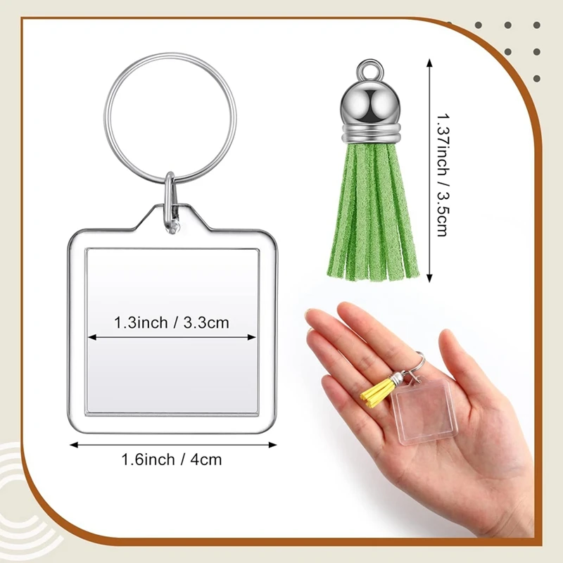 Chaveiro com moldura de foto acrílica com borlas, chaveiro com inserção de foto, porta-chaves com moldura transparente em branco para faça você mesmo
