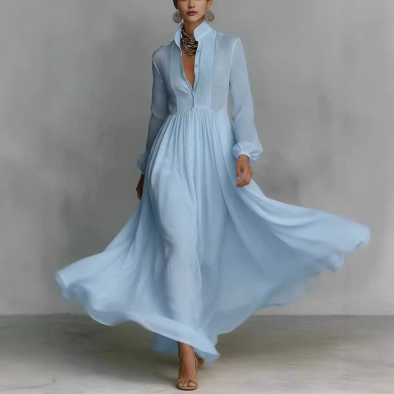 

French Pleated Dress Women Spring Summer Stand Collar Dresses Slim Waist Long Gown Elegant Evening Party Outfit Clothes
