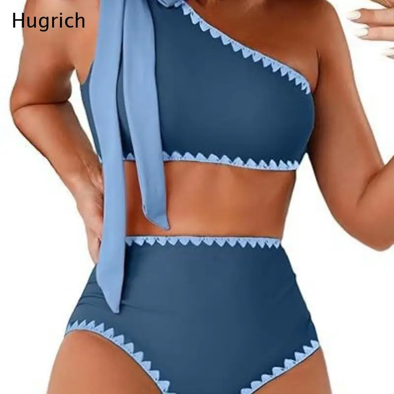 One Shoulder Bow Tie Bikini Set Contrast Wavy Trim High Waist Swim Bottom Two Piece Beach Bathing Suit