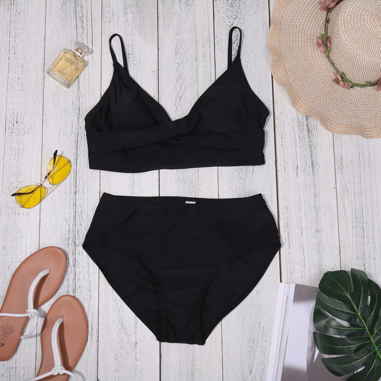 Solid Black Twist High Waist Bikini Sets Swimsuit For Women Sexy V-neck Tank Two Pieces Swimwear 2024 Beach Bathing Bikinis Set