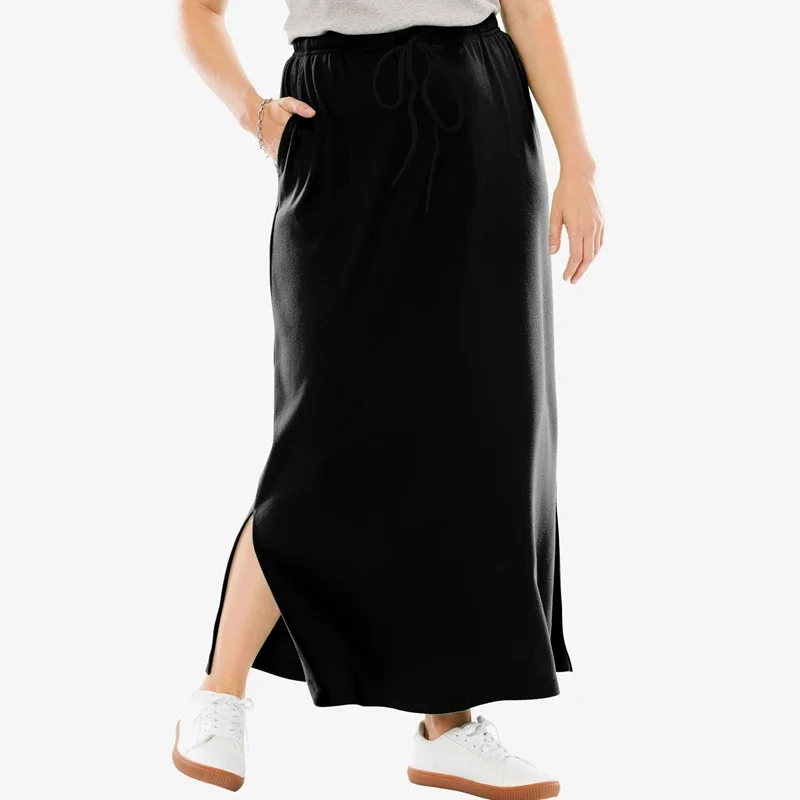 Plus Size Knot Drawstring Waist Summer Spring Long Skirt Women Elastic Waist Slit Pocket Sides Black Casual Sports Skirt 6XL 7XL