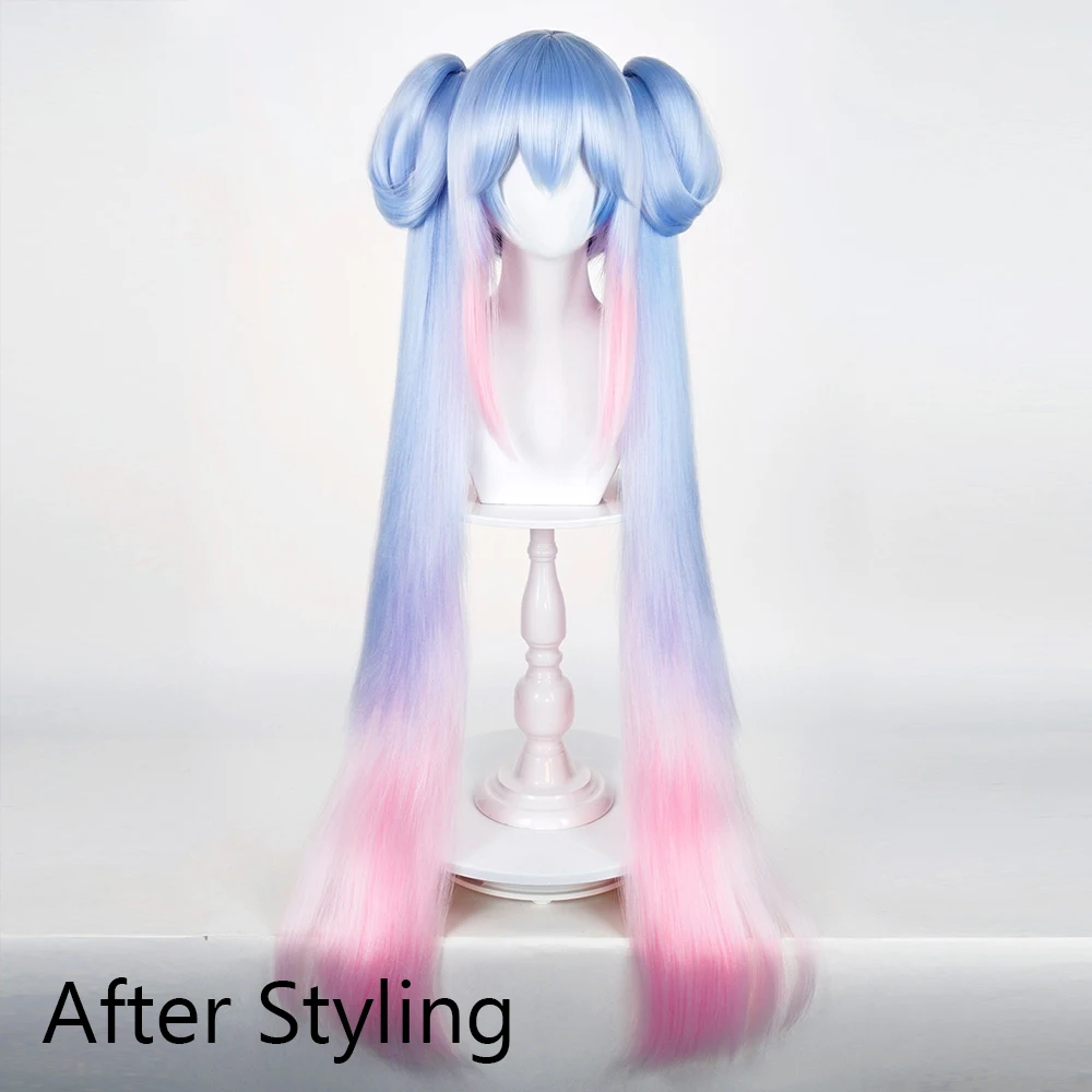 Blue Ombre Pink Long Straight Synthetic Fluffy Wigs with Bangs Anime Game Cosplay Wig with Double Ponytail Clip Wig view 4