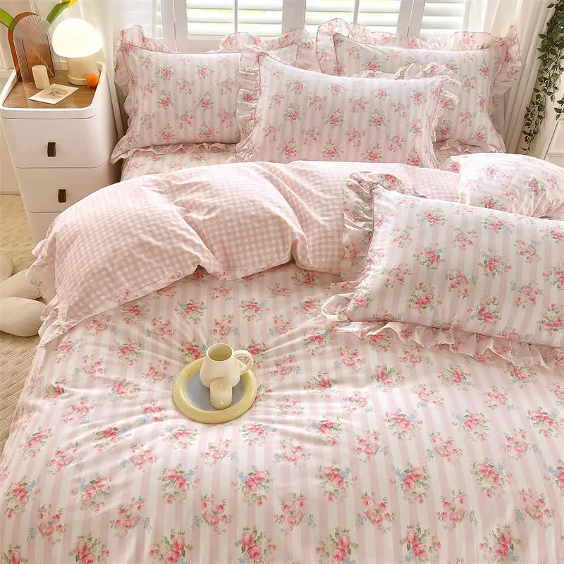 Bonenjoy Pink Color Duvet Cover with Ruffles 100%Cotton Flower Printed housse de couette for Girls Pure Cotton Bed Cover King