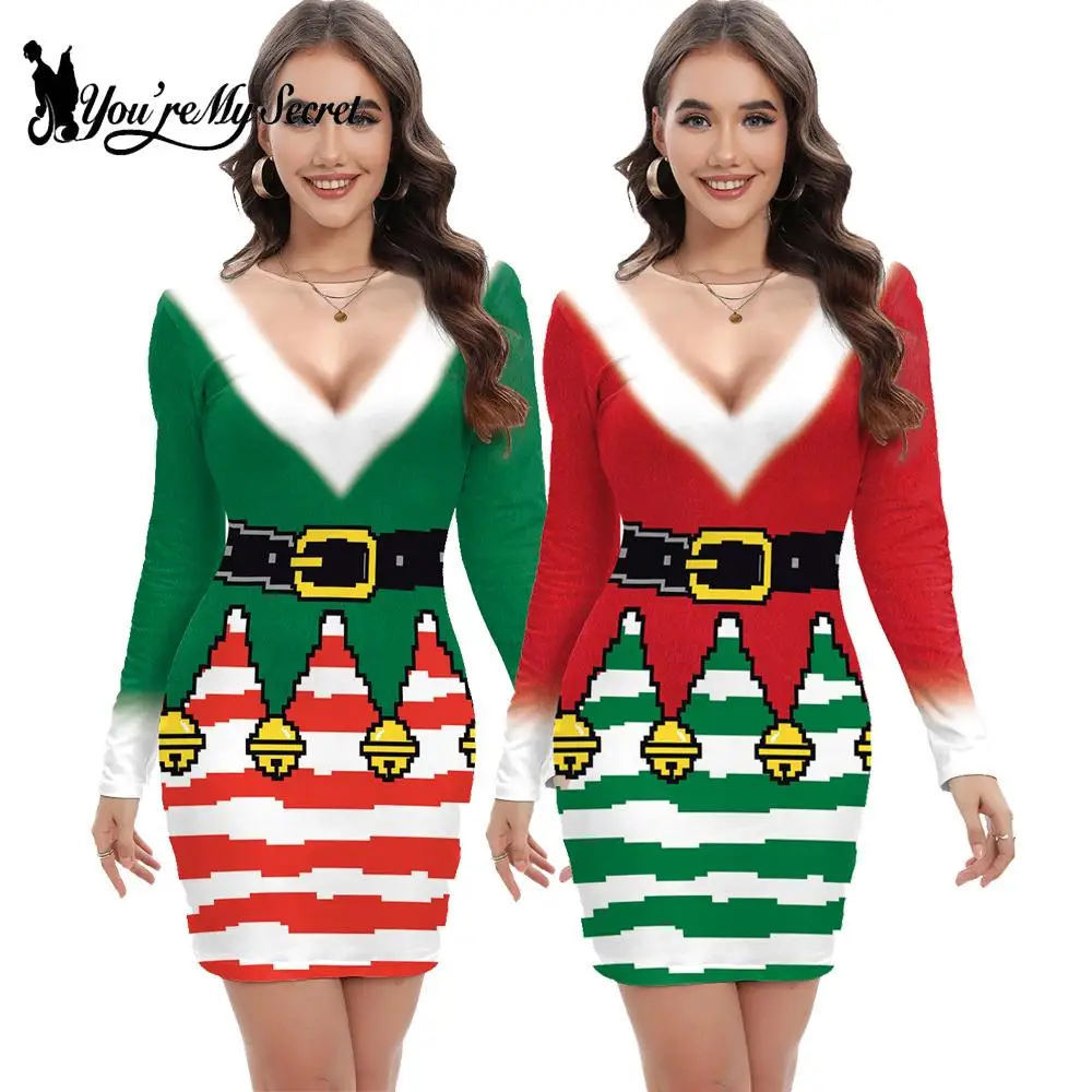 

[You're My Secret] Christmas Elf Women Dress Sexy Santa Claus Cosplay Costume Sheath Print Carnival Halloween Xmas Girls Dress