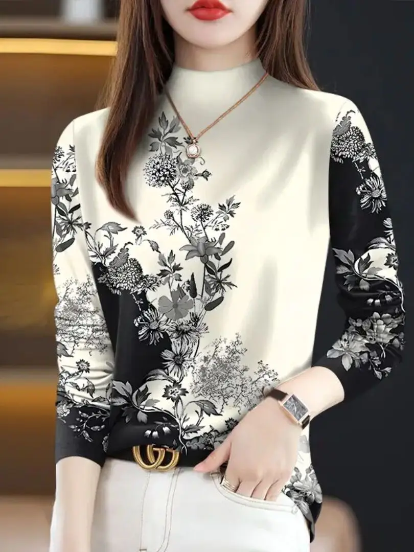 New Spring 2026 Large Size Printed Long Sleeve Women's T-shirt Belly Covering Fashionable Commute Style Milk Fiber Polyester ...