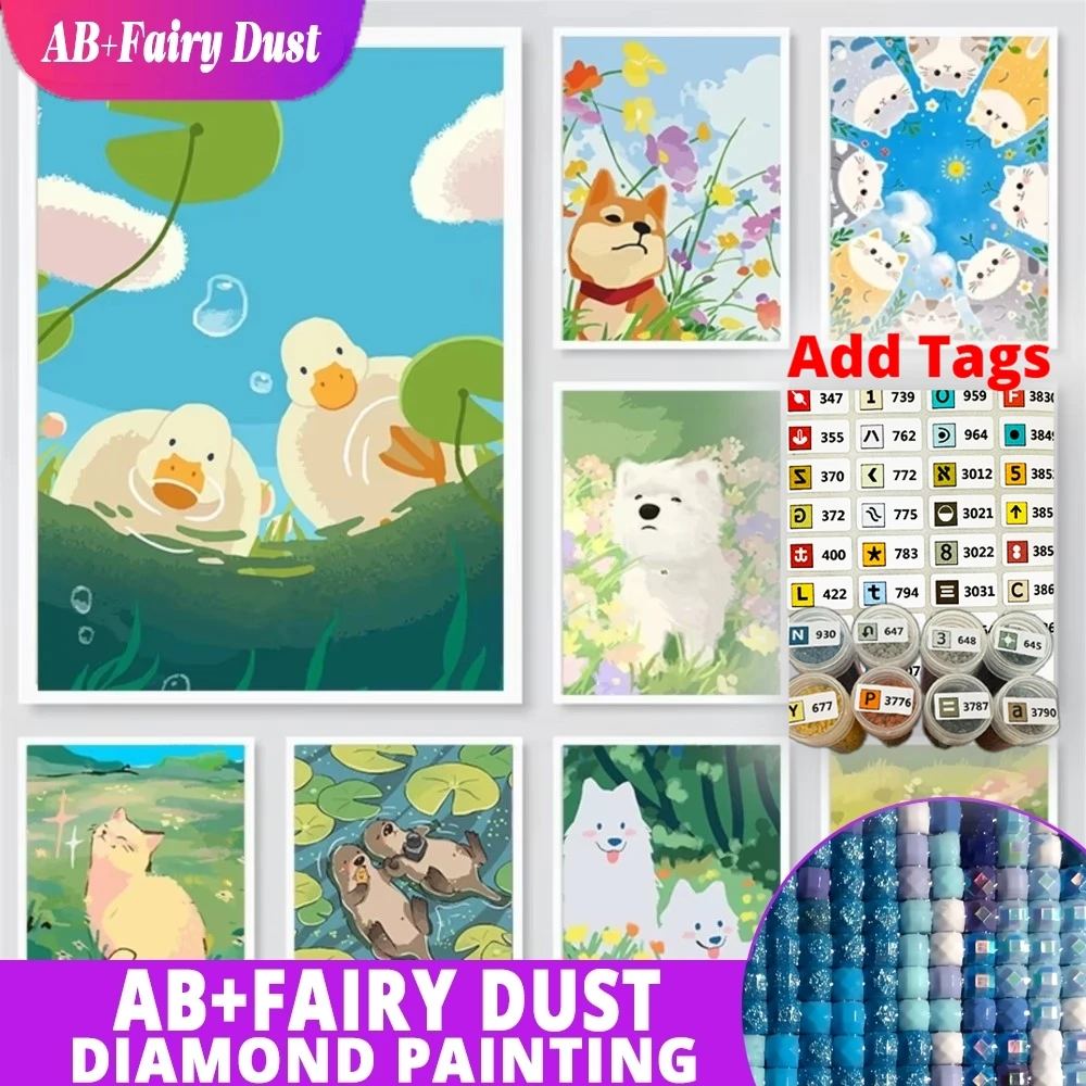 AB Fairy Dust Happy Animals in Flowers Meadow Ducks Hunde Katze Diamantgemälde Wandkunst Bild für Kinderzimmer Zuhause Kinderzimmer Dekor