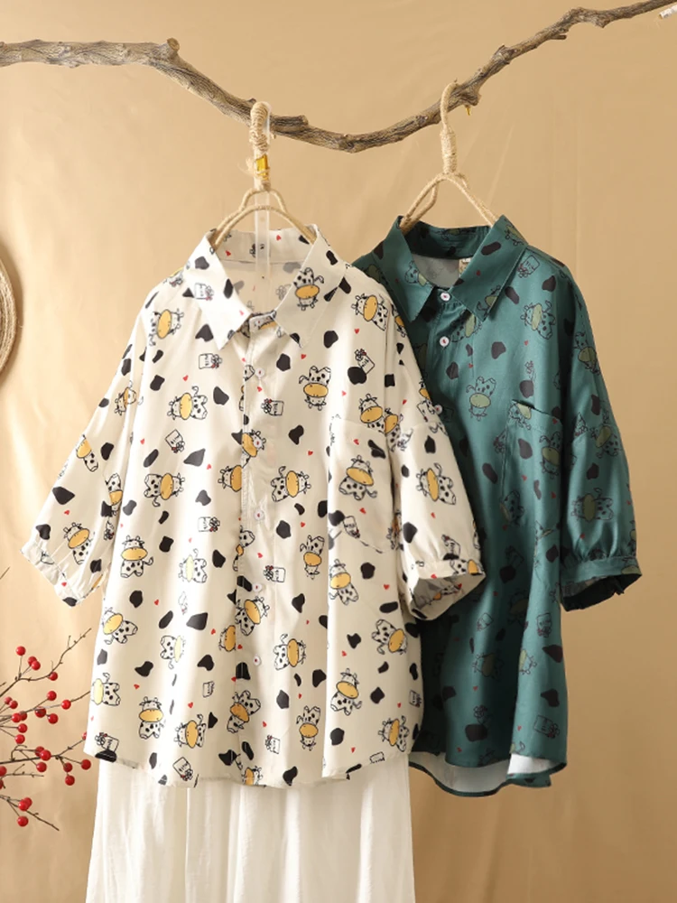 

Summer Thin ort Sve irt Women's Large Size Artistic Cartoon Print Casual Loose Fit Regular Length Carrot Sle