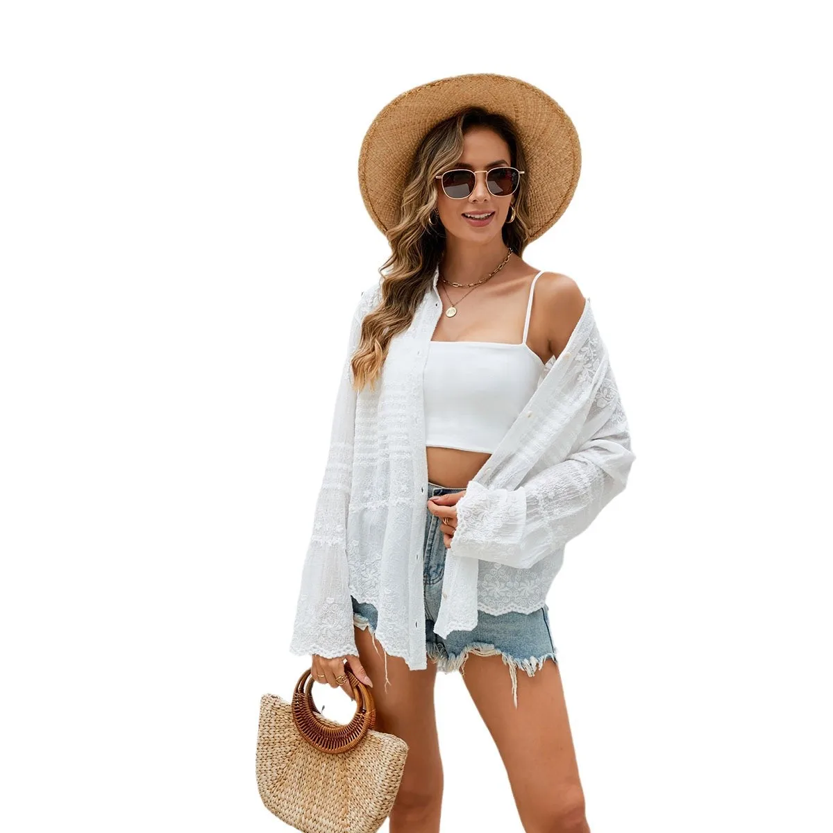 2025 Women's Clothing New Lace Long-sleeved Shirt Female Spring and Autumn Design Sense Tulle Blouse Loose Cardigan