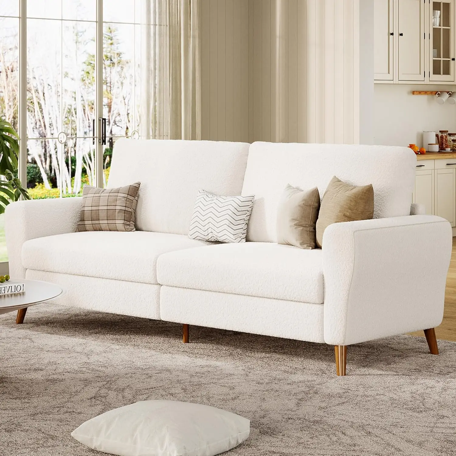 

84 Inch Modern 3-Seater Sofa, Boucle Loveseat, Wood Feet, Beige