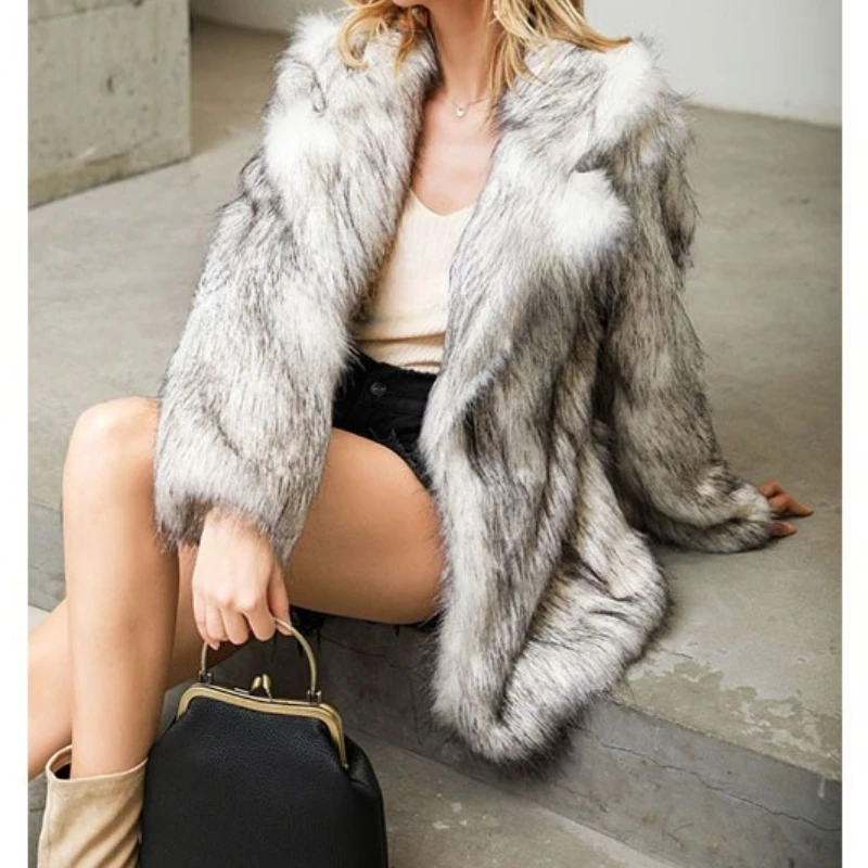 

Elegant Plush Faux Fur Jacket Women Overcoat Female Casual Loose Coat Jackets Winter Lapel Full Sleeve Fashion Lady Warm Coat