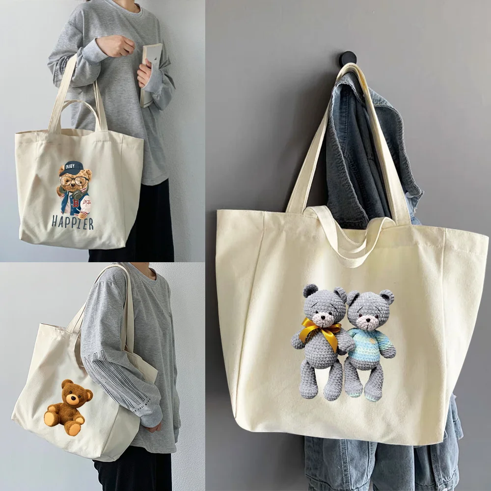 

Ladies Shoulder Bags Large Capacity School Trend Canvas Tote Bags Shopping Bags Foldable Bear Series Pattern Shoppers Handbags