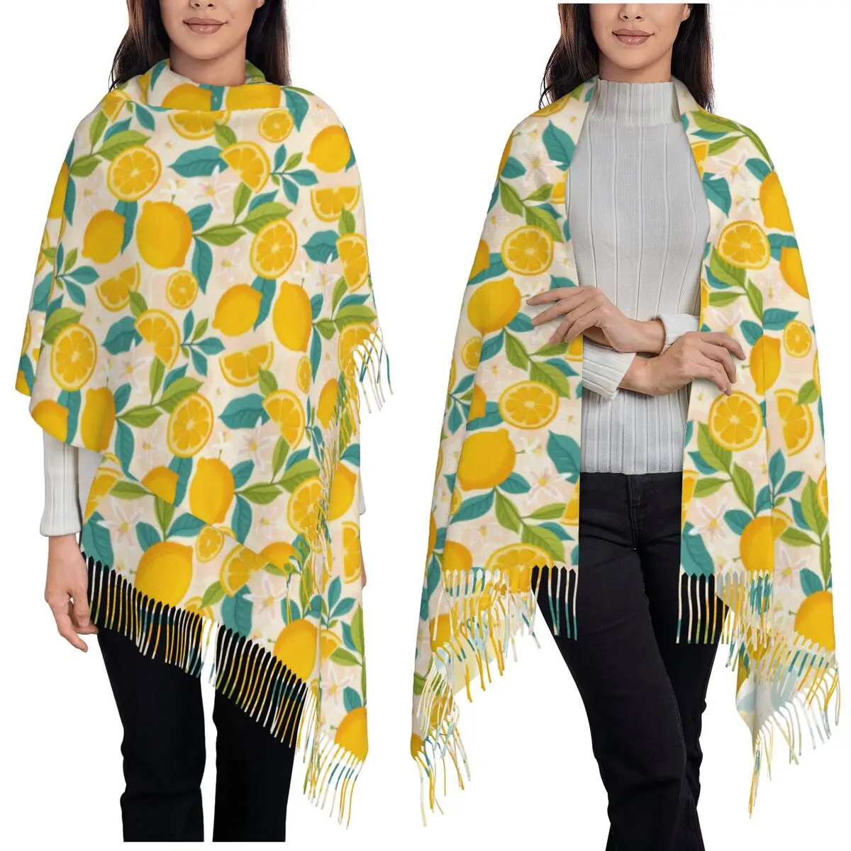 

Цитрусовые лимоны, дерево, листва, цветы и листа, шарф, шарфы с кисточками, женские мягкие теплые шали и накидки, большая осенне-зимняя шаль, накидка