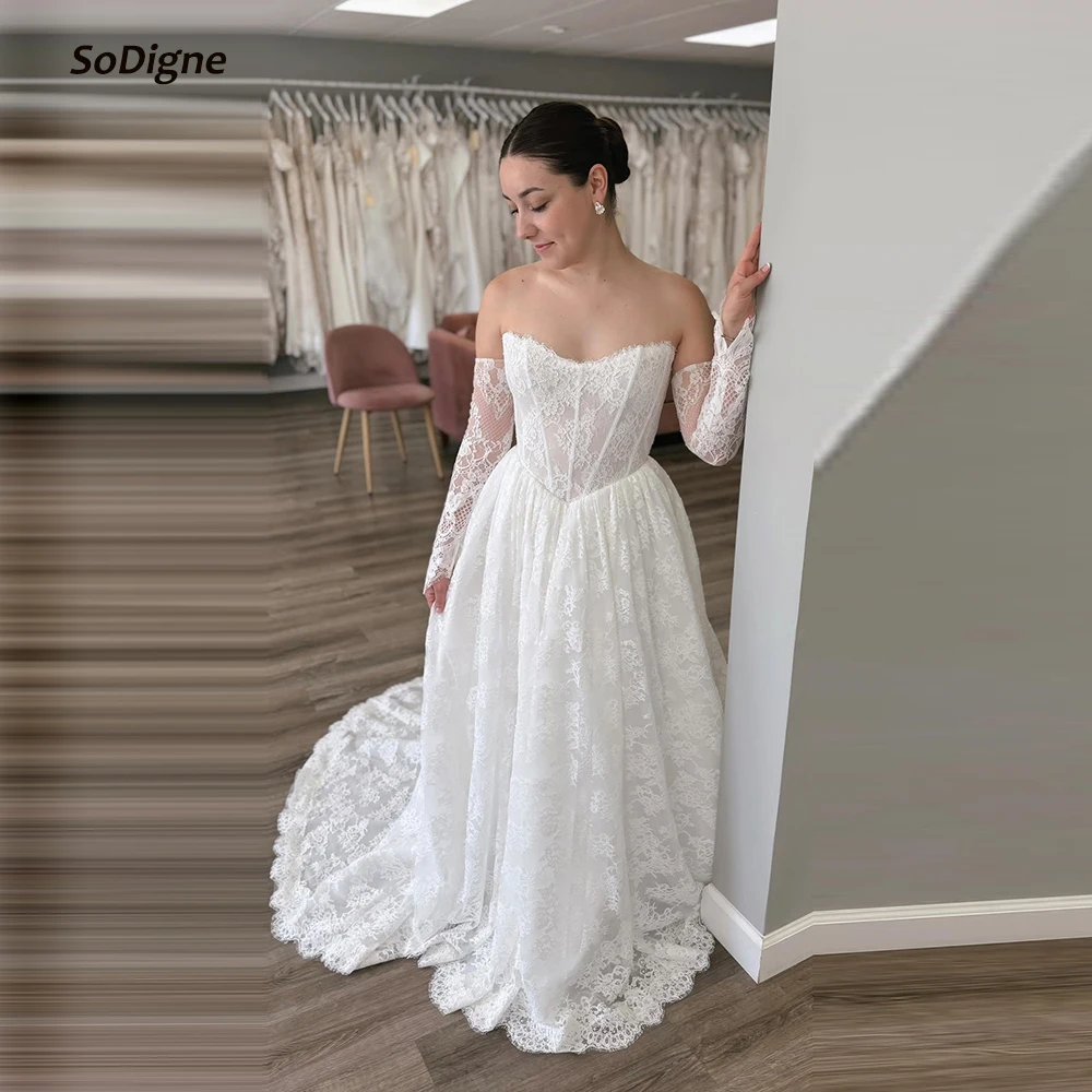 

SoDigne Lace A-line 2025 Wedding Dress Detachable Sleeves Bride Dresses Boho Long Bridal Gown vestidos de novia Customized
